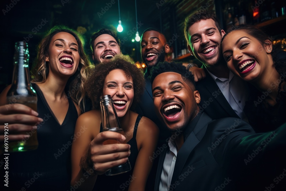 Multiracial young friends. toasting beer bottles at a after-hour party. Multiracial young friends. toasting beer bottles at a after-hour party.