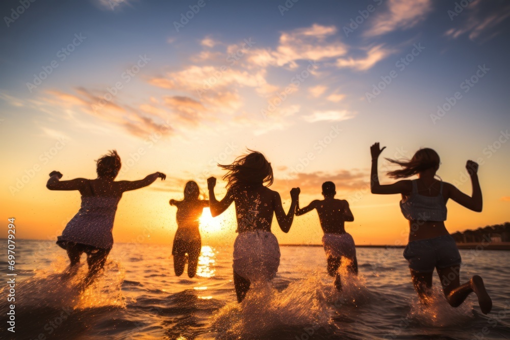 Fototapeta premium Five friends juping in the ocean at sunset