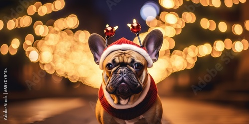 Dog wearing reindeer antlers headband and santa claus hat on blurred background with golden lights. New year and Christmas concept. Festive banner or backdrop with copy space