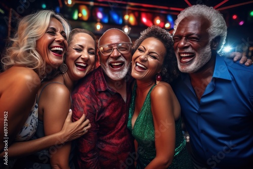 Five Multiracial old friends. kissing each other in the club. night bar together. laughing and drinking