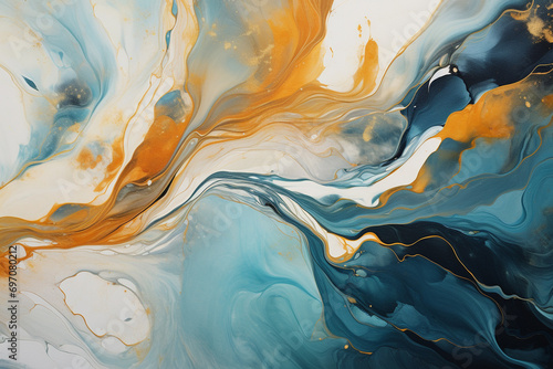 An abstract painting of gold and orange marble background, in the style of fluid and flowing lines, dark white and light cyan, light white and light black