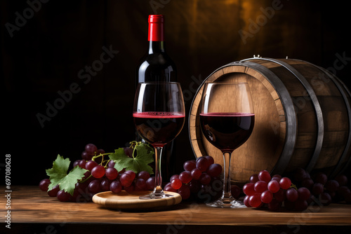 red wine and grapes next to a wine cask 