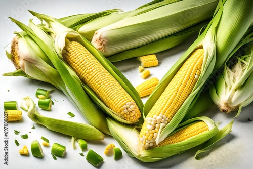 Two ears of ripe juicy young sweet corn peeled and in green skinned isolated on white background. photo