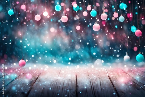 Festive Christmas stage scene background with wooden floor in snow and defocused Christmas lights. Blue and pink turquoise tones, evening, copy space. photo