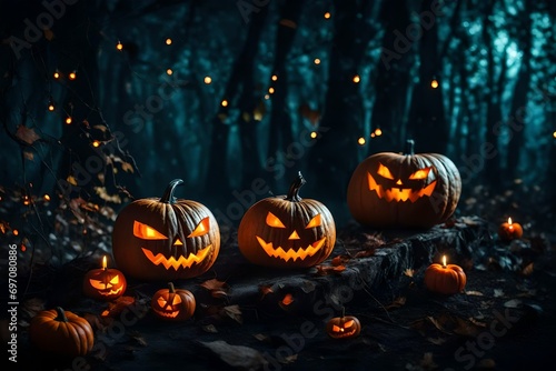 Festive decoration for Halloween. Two glowing pumpkins and bat on background of dark night mystical forest, ultra wide format. Magical atmosphere with festive lights