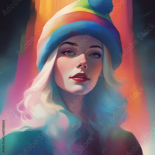 A Woman with a colorful hat and a rainbow colored background