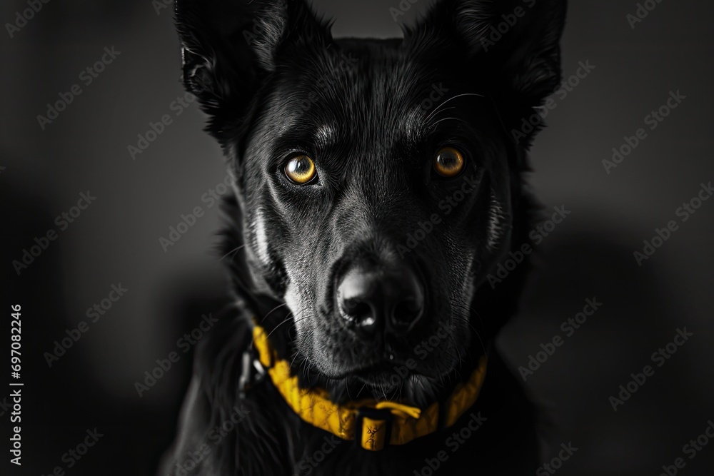 Black and white portrait of a beauceron dog with a yellow collar, high contrast, generated with AI