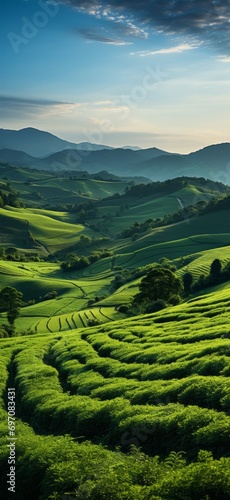 A landscape with bright green hills. 