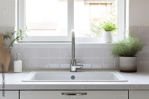 Stylish kitchen interior featuring modern tap and ceramic sink.