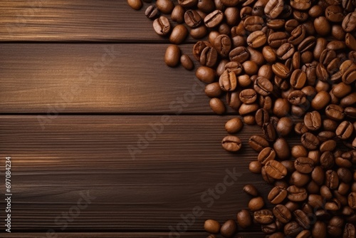 Coffee beans on a wood backdrop.