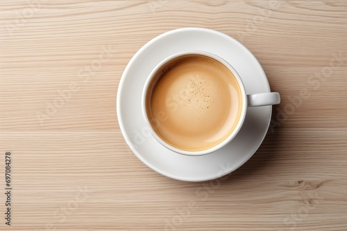 Fresh coffee cup on table  seen from above.