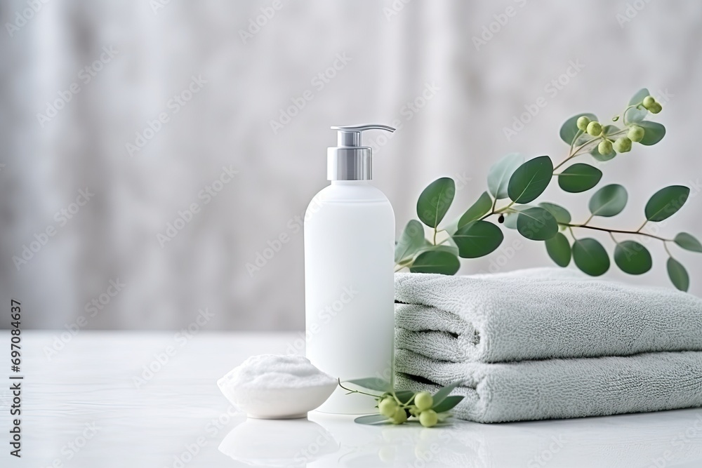 White table with eucalyptus cosmetic spa product.