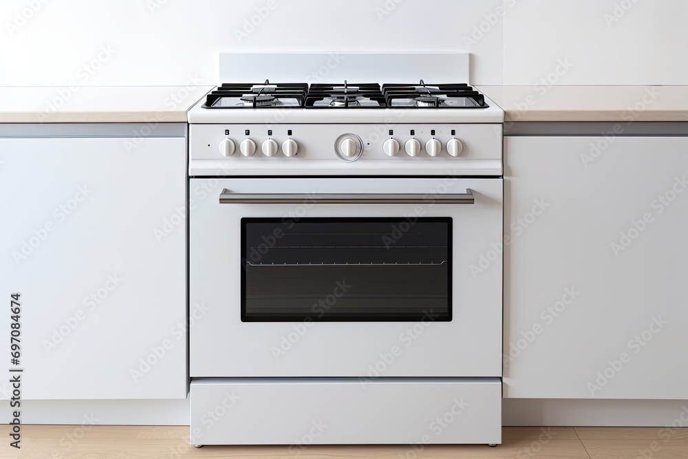 New white kitchen with integrated electric oven and gas stove. New white kitchen with integrated electric oven and gas stove.