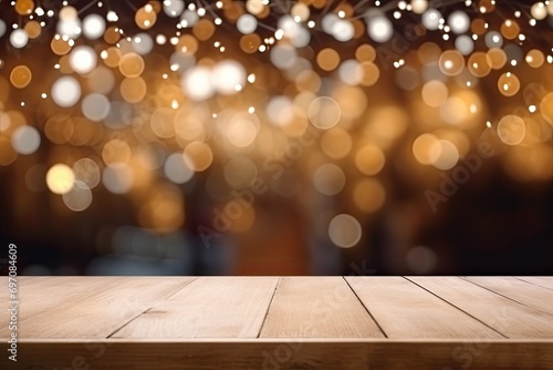 Blurred Christmas background and empty wooden table in front of coffee shop or restaurant for product display or montage.