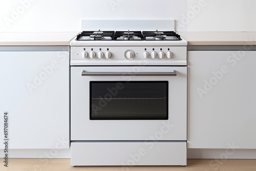 New white kitchen with integrated electric oven and gas stove.