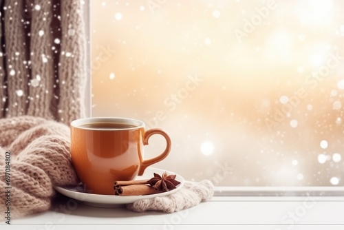 Hot tea, coffee. Winter scene with cup, window, scarf, gift. Christmas card idea.