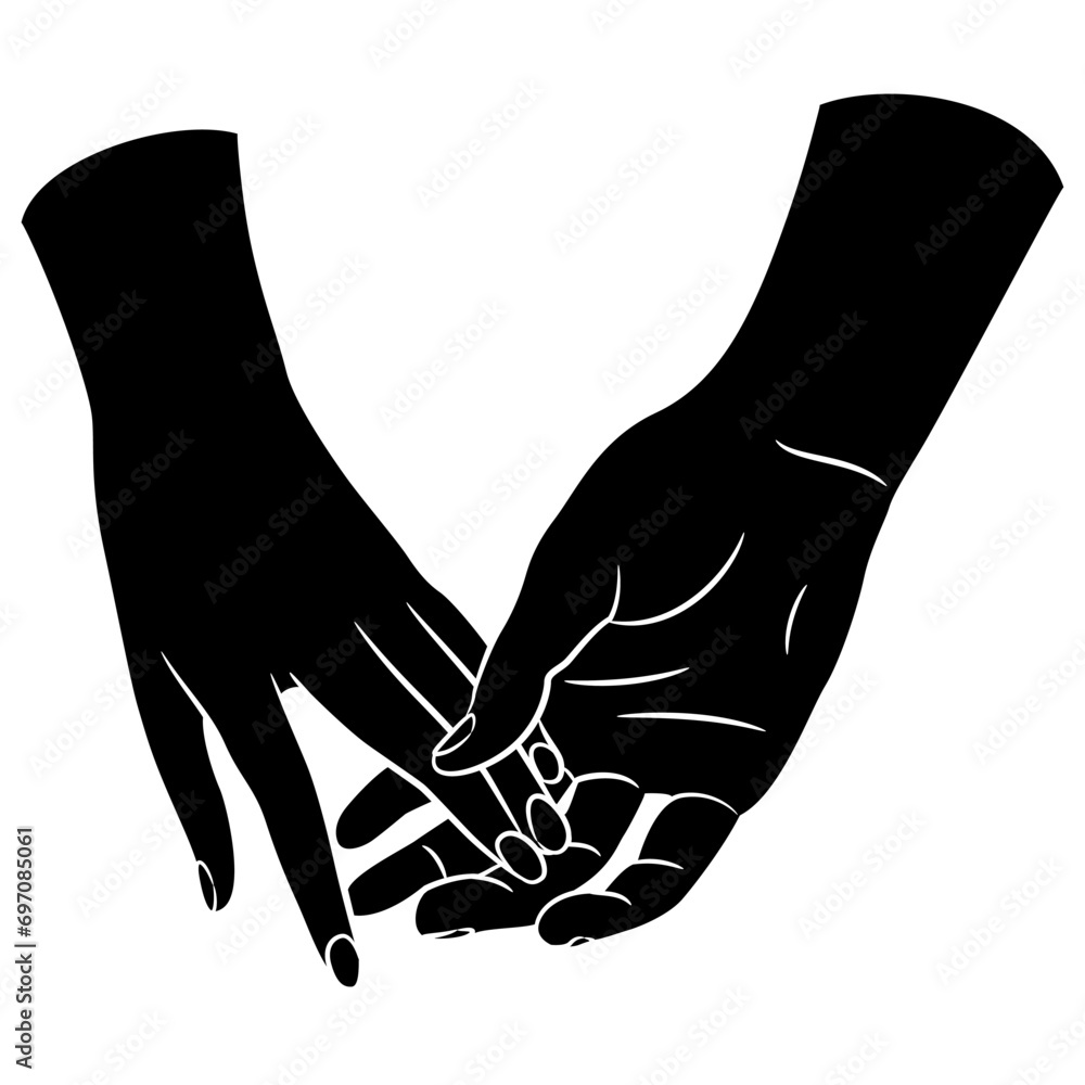 Two holding hands of lovers. Romantic design. Cartoon style. Black and ...