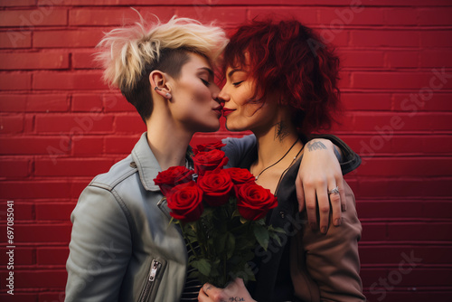 couple of young women kissing smiling, in love, valentine, with bouquet of red roses, gay lesbian girls short blond red hair, outdoors, brick wall, close-up, queer lgbtq girlfriends, partners, happy photo