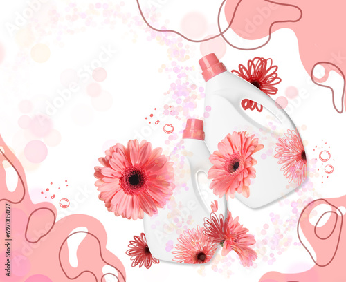 Fabric softener advertising design. Bottles of conditioner and gerbera flowers on color background