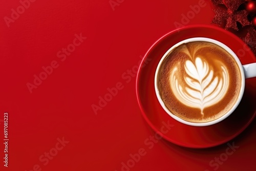 Christmas coffee and latte with red cup on red background adorned with neol decorations. Overhead perspective.