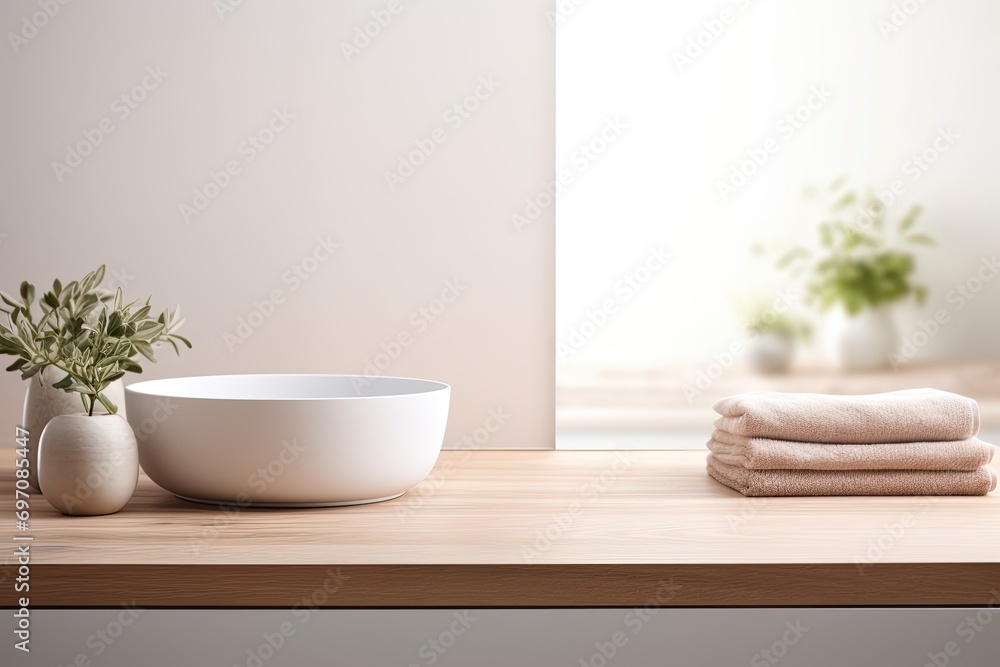 Wooden tabletop against blurred bathroom background, key visual design Wooden tabletop against blurred bathroom background, key visual design