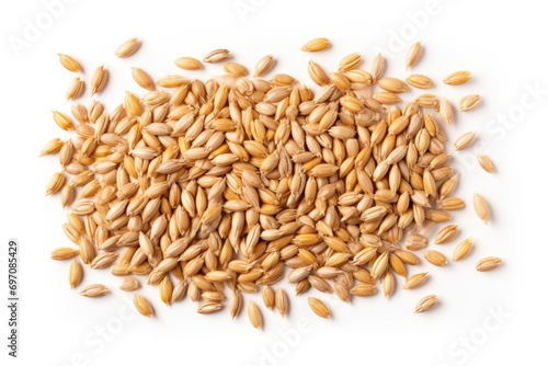 Top view of wheat grains on a white background.