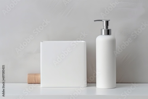 Top view of white plastic shampoo and conditioner bottle with pump mock up on white background, accompanied by wood tray and comb.