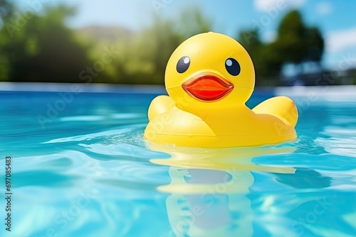 Rubber duck in pool, cooling off on hot day.