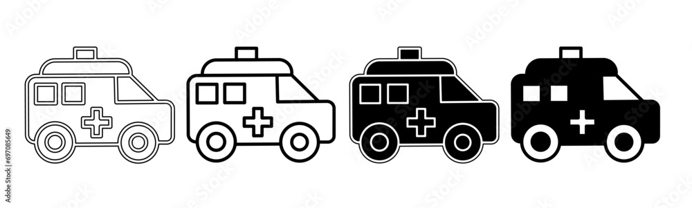 Black and white illustration of a ambulance. Ambulance icon collection with line. Stock vector illustration. Black and white illustration of a ambulance. Ambulance icon collection with line. Stock vector illustration.