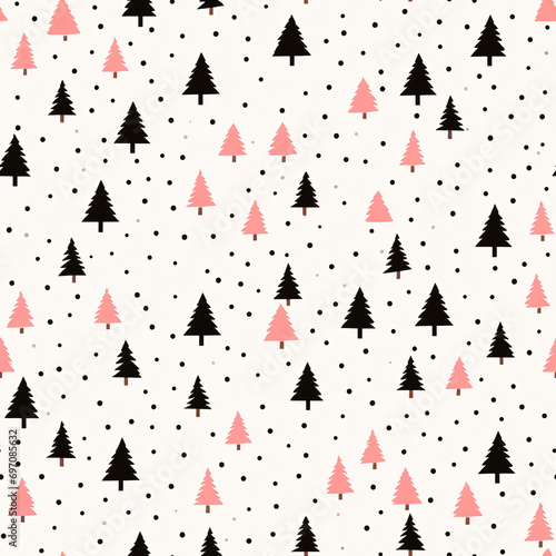 Pink and black fir trees silhouettes, minimal winter seamless pattern on white background. Coniferous forest. Christmas and New Year concept. Design for textile, fabric, print, wrapping, wallpaper