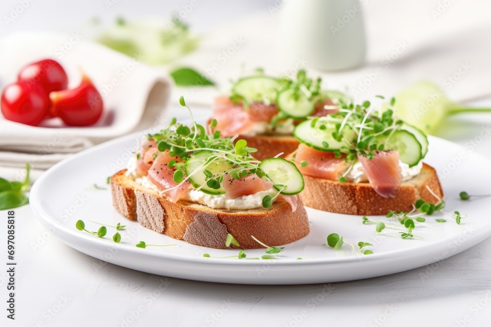 Vertical close-up of Antipasto Bruschetta on a white plate with baguette, bacon or meat, cream cheese, micro-greenery, cucumber, and sprouts, placed on a textured white background.