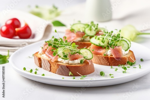 Vertical close-up of Antipasto Bruschetta on a white plate with baguette, bacon or meat, cream cheese, micro-greenery, cucumber, and sprouts, placed on a textured white background.
