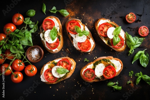 Collage banner Tasty bruschettas and mozzarella sandwiches with tomato and basil