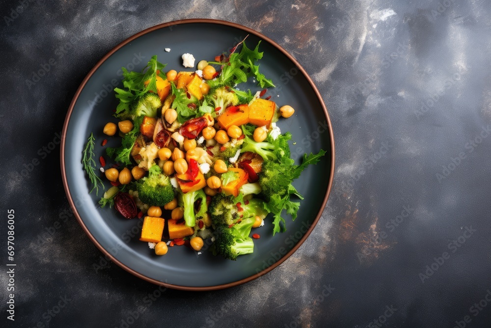 Autumn salad with broccoli, pumpkin, chickpeas, bell pepper, arugula, and cheese on a textured plate, top view.