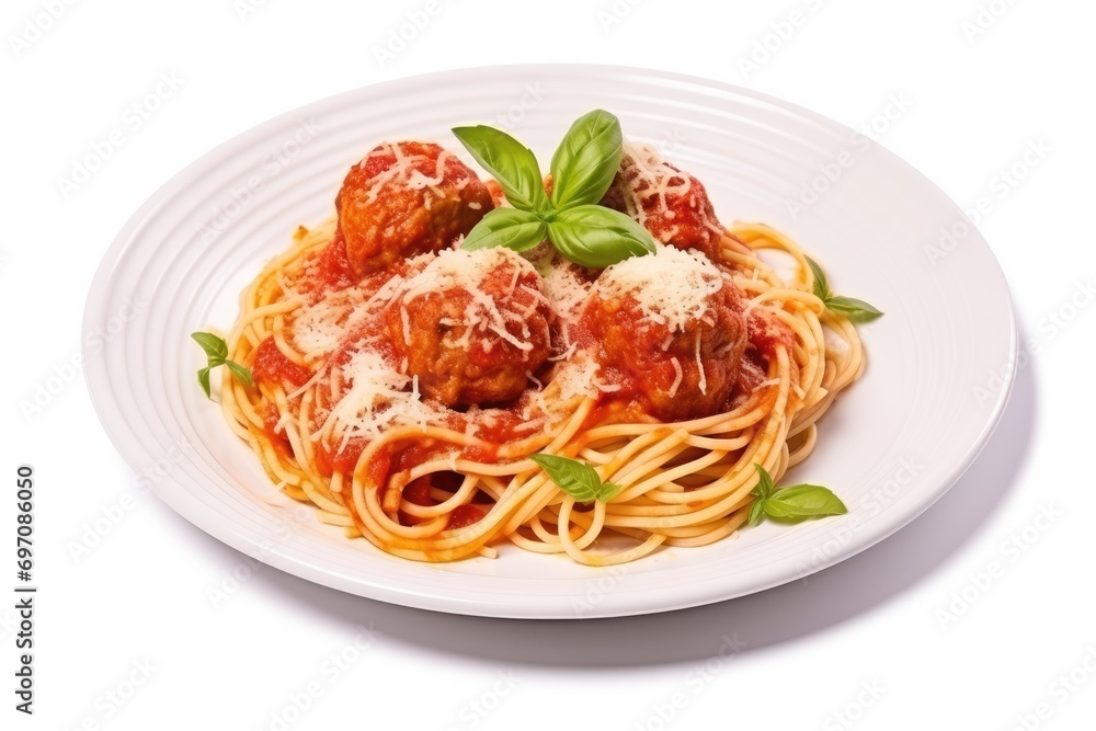 Delicious Italian pasta dish with meatballs parmesan cheese and tomato sauce on a plate Overhead shot on white background