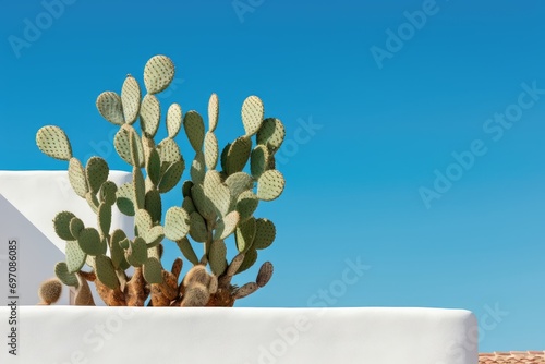 Summer close-up of a Cardon cactus with vibrant blue-green and turquoise colors, against a background of sky and white plaster wall. photo