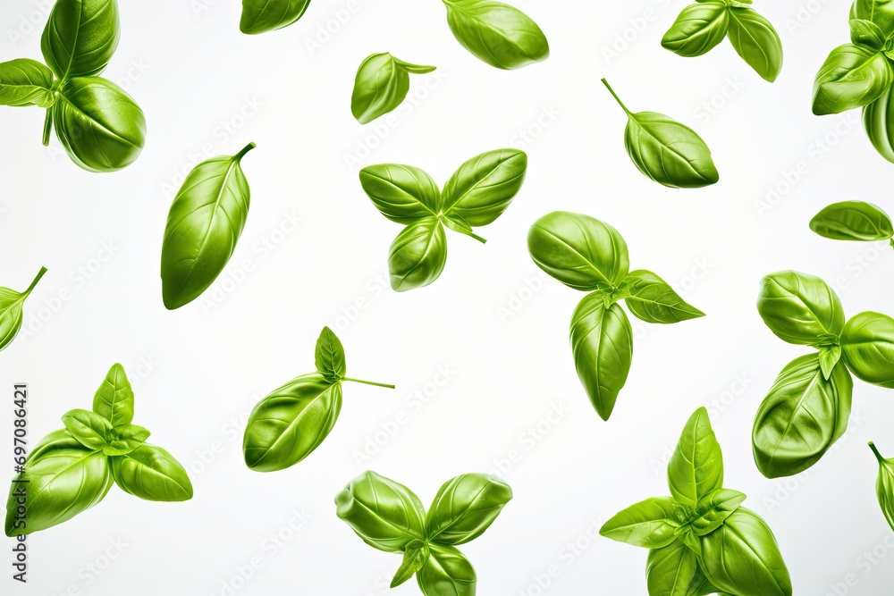 Basil leaves flying on a white background. Basil leaves flying on a white background.