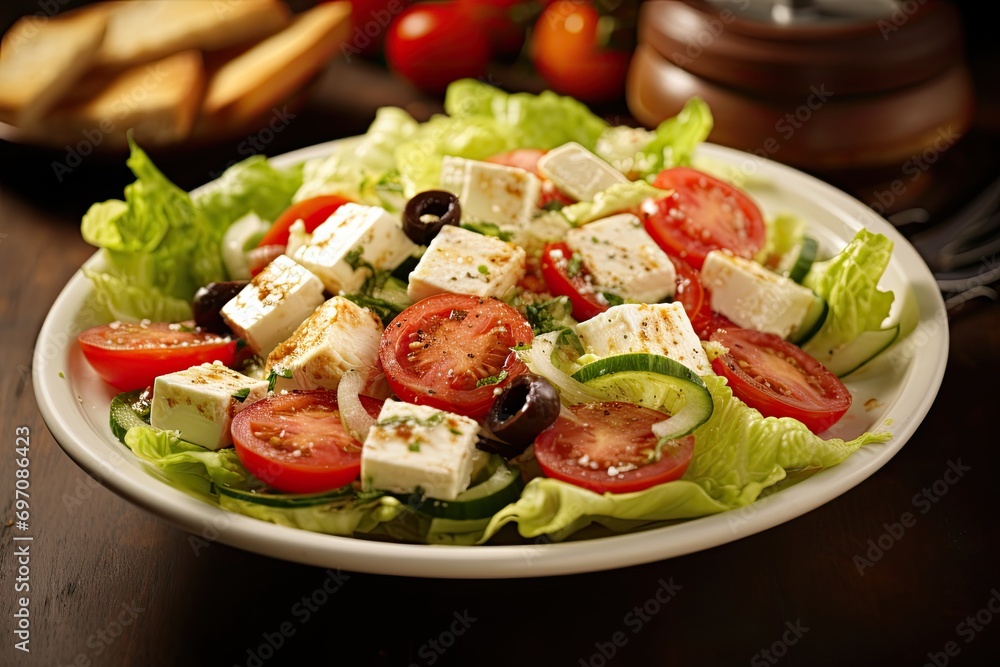 Photograph of Greek feta salad with tomato, romaine, cheese, lettuce, seasoning, olive oil, and toast.