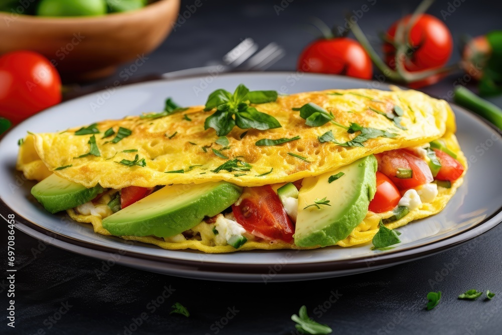 Delicious homemade French omelette with cheese, served with fresh vegetables including avocado, cherry tomatoes, basil, and mozzarella. Delicious homemade French omelette with cheese, served with fresh vegetables including avocado, cherry tomatoes, basil, and mozzarella.