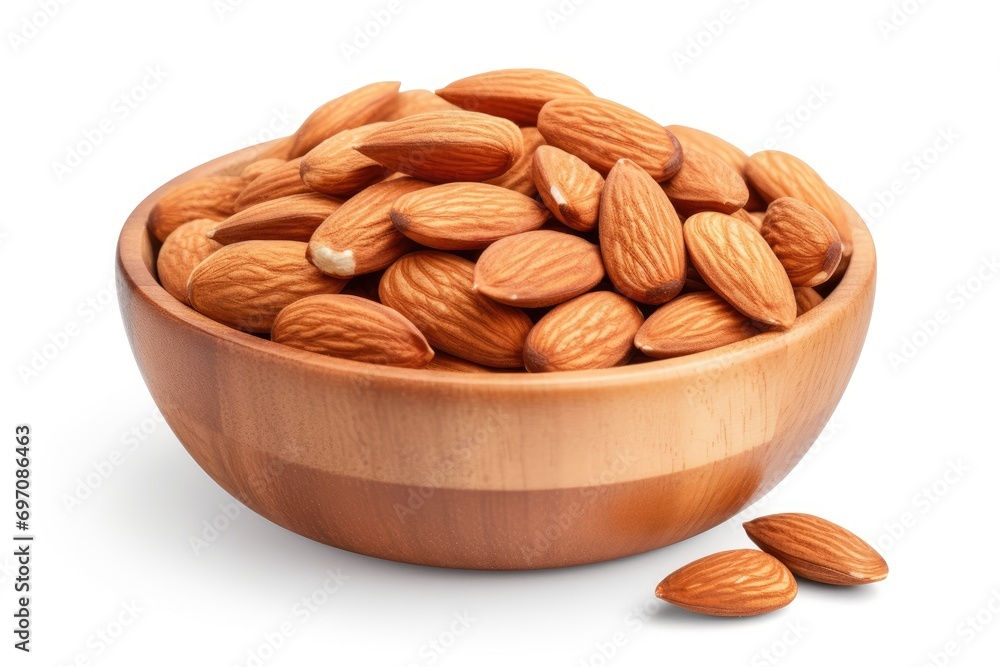 Almonds in wooden bowl isolated on white background. Almonds in wooden bowl isolated on white background.