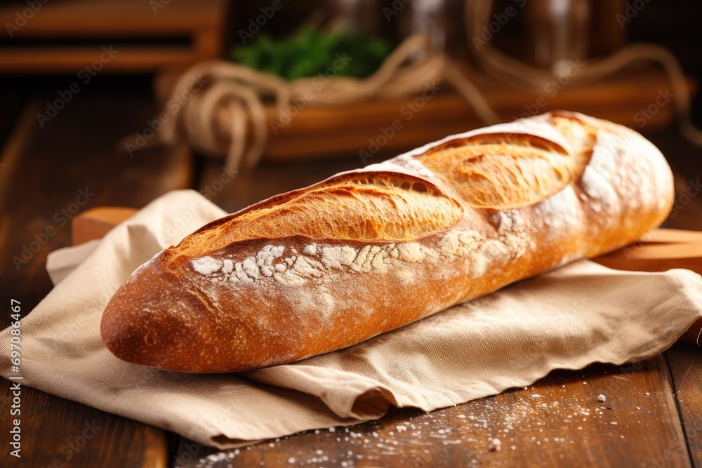 Close-up of a baguette on a wooden table.