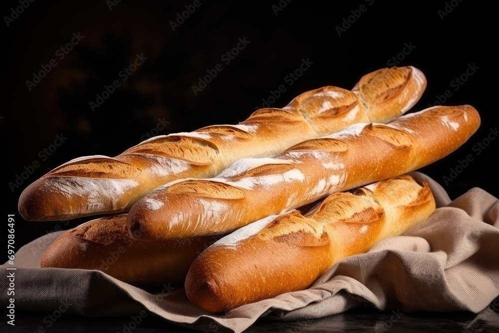 Side view of fresh French baguettes on a dark backdrop. Side view of fresh French baguettes on a dark backdrop.