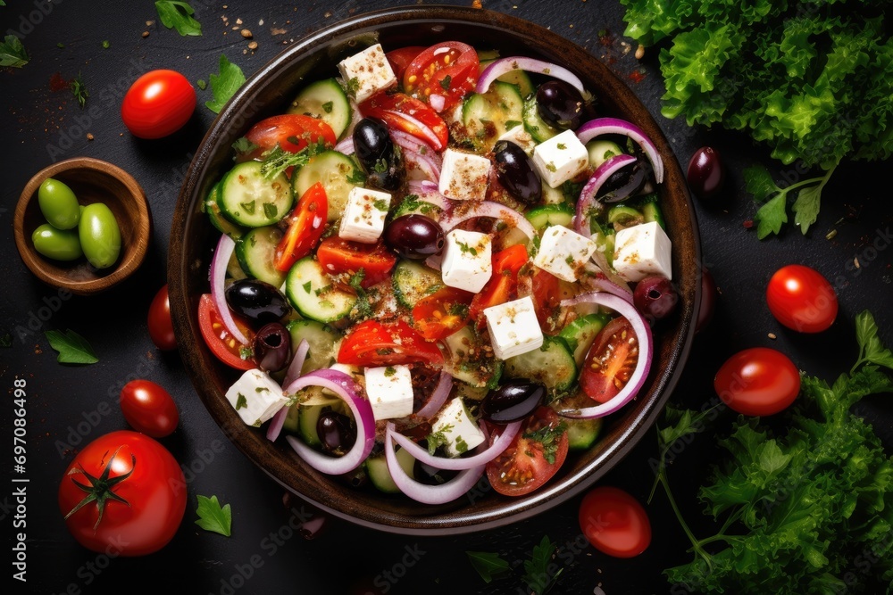 Revised Greek salad - feta cheese, cherry tomatoes, lettuce, black olives, onion, and olive oil.