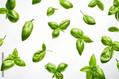 Basil leaves flying on a white background.