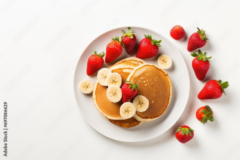 Healthy breakfast concept with golden fluffy pancakes, fresh strawberries, and banana slices arranged in a flat lay composition. Healthy breakfast concept with golden fluffy pancakes, fresh strawberries, and banana slices arranged in a flat lay composition.