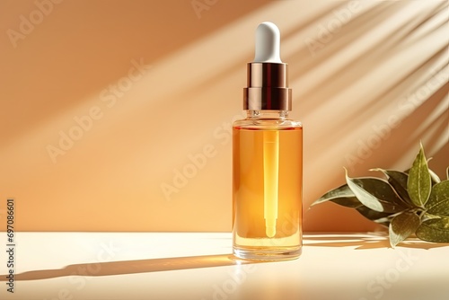 Skincare packaging featuring a glass bottle  orange oil dropper  and sunny rays on brown background. Container for skin and hair care products on a platform  representing mockup and branding concept.