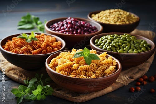 Gluten free fusilli pasta with legumes like lentils mung beans and chickpeas