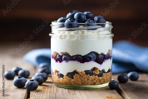 Graham cracker base no bake dessert blueberry cheesecake in a jar photo