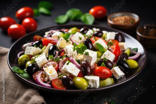 Greek salad including feta, cherry tomatoes, and black olives.
