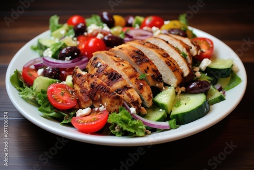 Grilled chicken added to Greek salad with herbed vinaigrette.